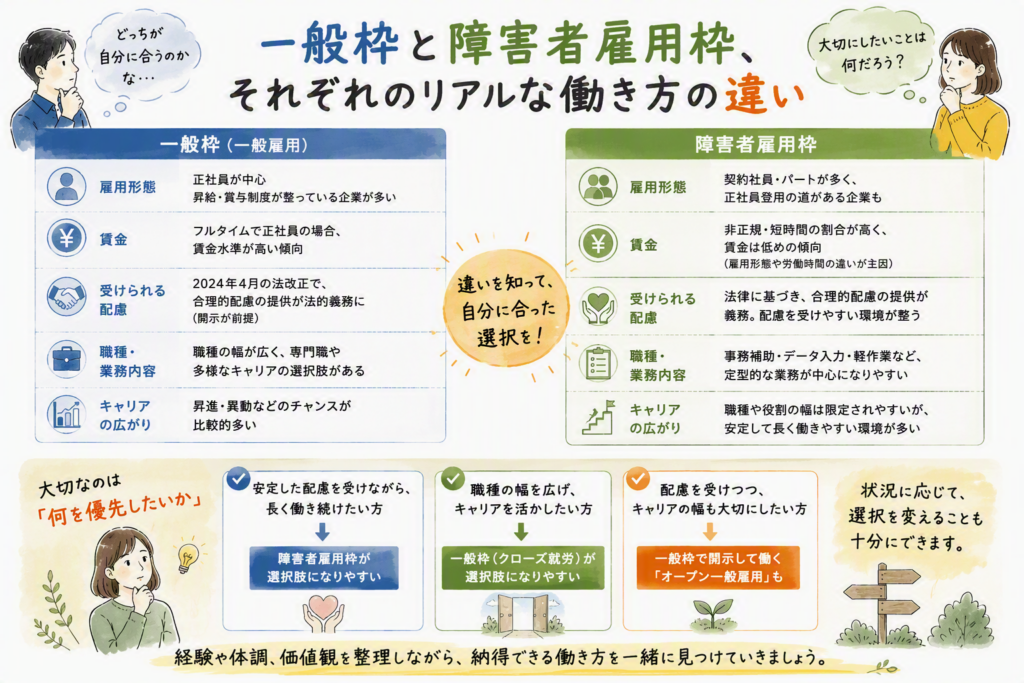 一般枠と障害者雇用枠、それぞれのリアルな働き方の違いのイメージ画像