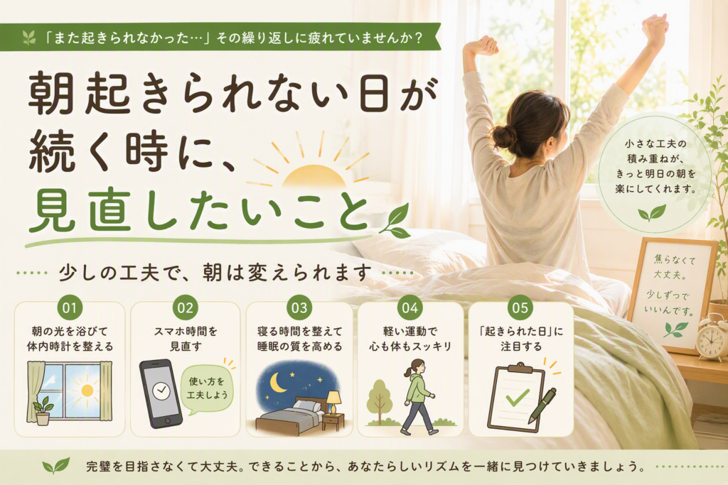 朝起きられない日が続く時に、見直したいことのイメージ画像