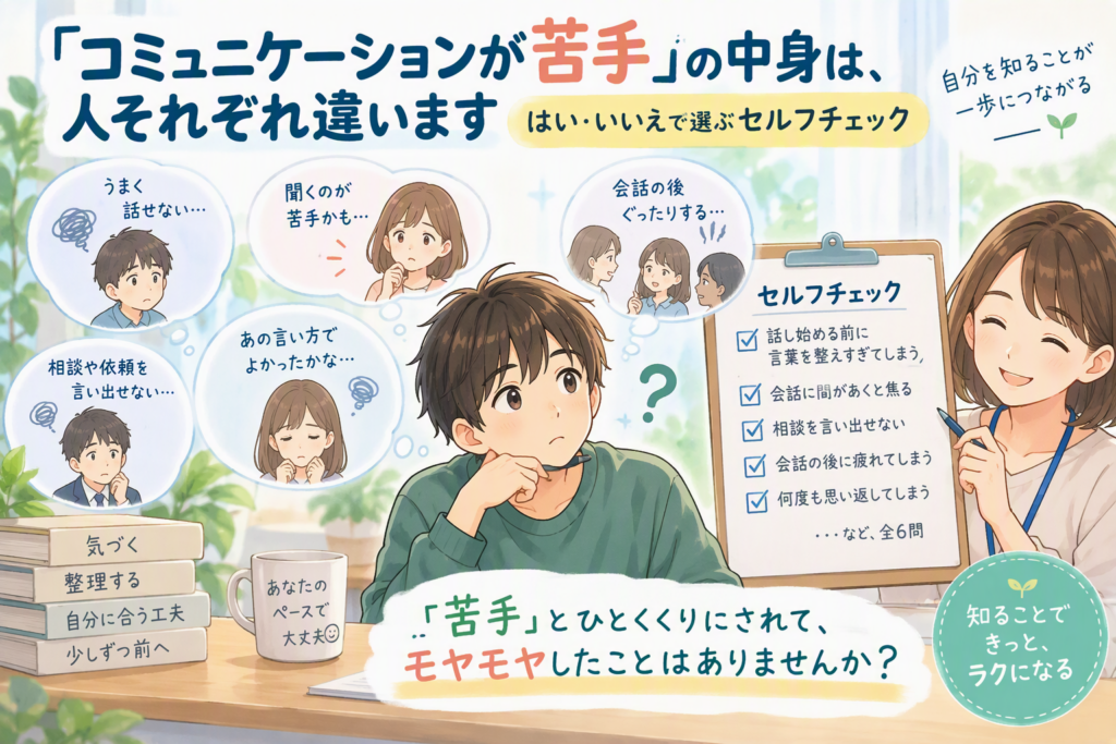 「コミュニケーションが苦手」の中身は、人それぞれ違います ― はい・いいえで選ぶセルフチェックのイメージ画像